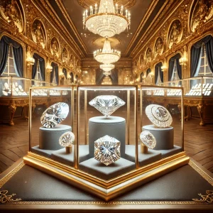 dall·e 2025 01 28 20.27.28 an elegant auction setting showcasing sparkling diamonds displayed in luxurious cases, with a backdrop of opulent golden decor. the scene includes var