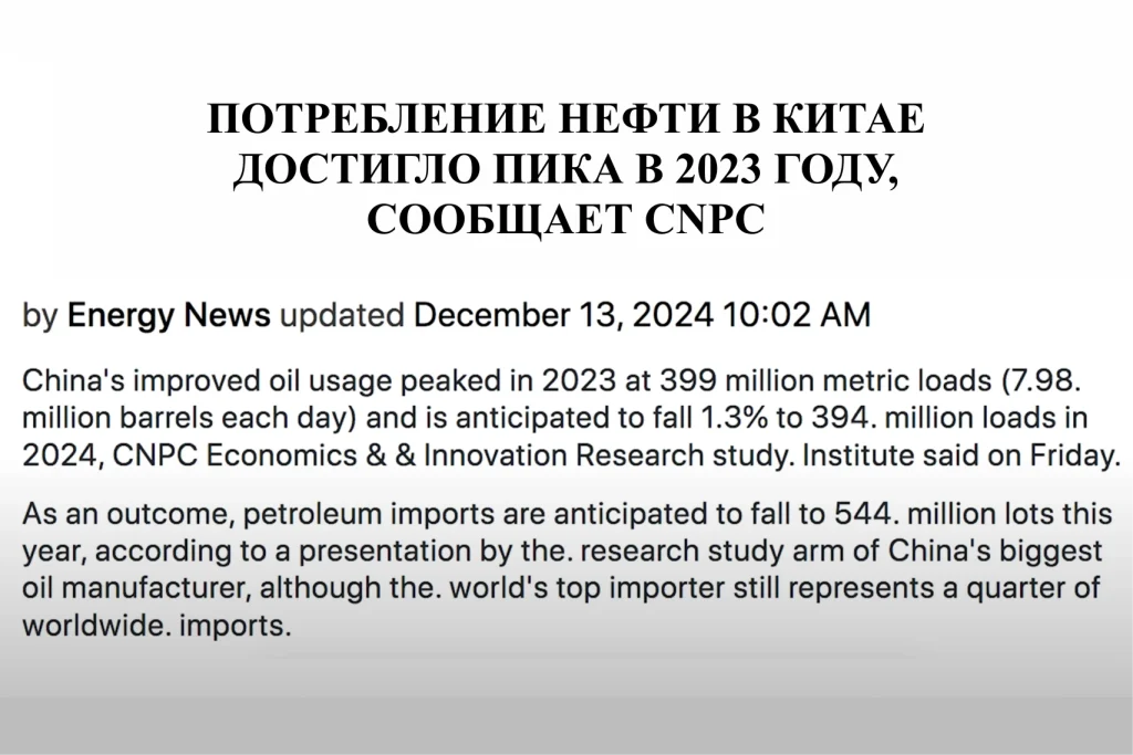 Скриншот статьи, сообщающей о снижении потребления нефти в Китае в 2024 году после пиковых значений в 2023 году.