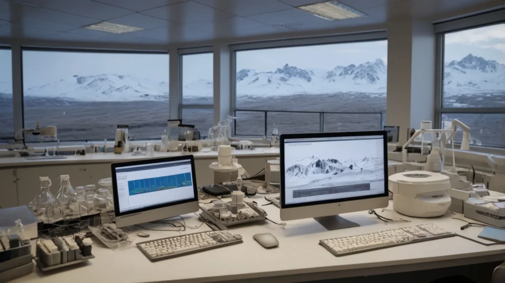 Лаборатория НГТУ: ученые проводят мониторинг почв криолитозоны с помощью инновационной методики, анализируя изменения многолетнемерзлых грунтов на фоне заснеженных гор.