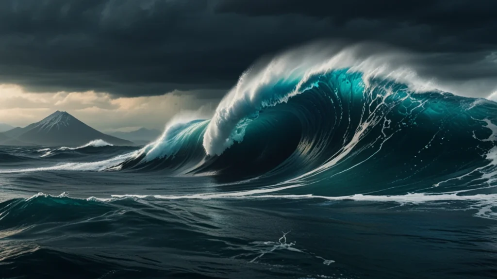 Гигантские волны бушуют в океане на фоне тёмных грозовых облаков и далёкой горы с заснеженной вершиной