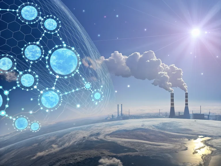 атмосфера Земли с химическими молекулами и промышленными выбросами, символизирующее роль гидроксильного радикала OH в самоочищении воздуха от загрязнителей