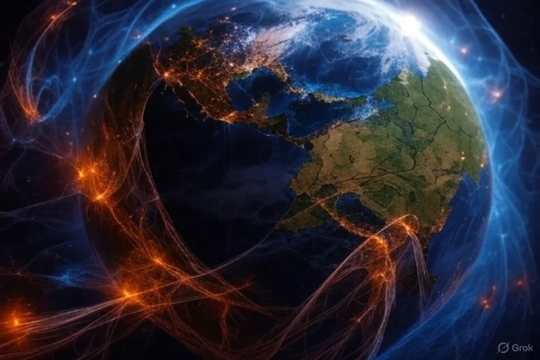 Глобус окружённый синими и зелёными линиями магнитных полей, с геомагнитной сеткой высотой 38 км, символизирующий новую модель ГММ