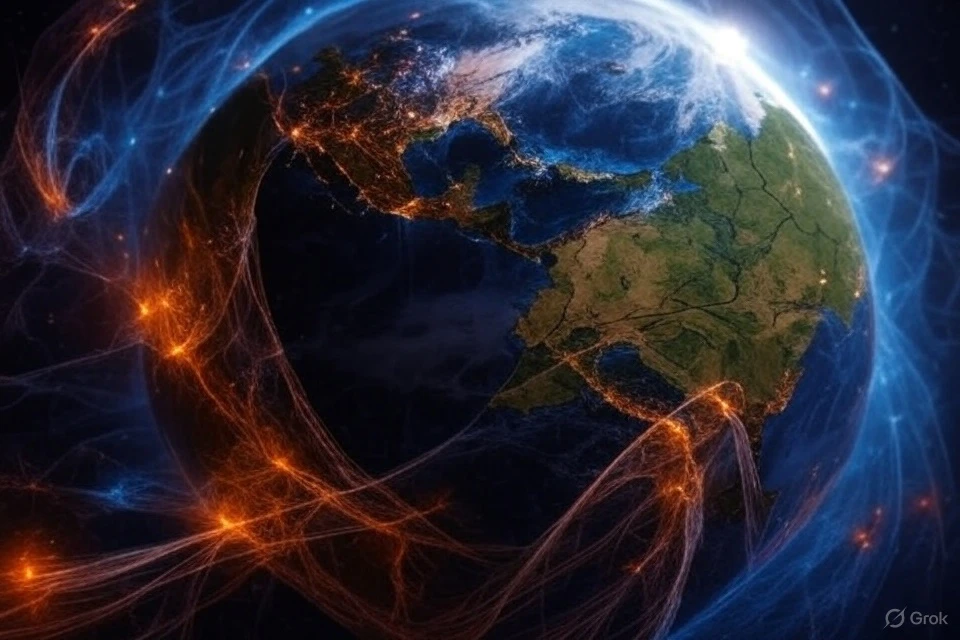 Глобус окружённый синими и зелёными линиями магнитных полей, с геомагнитной сеткой высотой 38 км, символизирующий новую модель ГММ