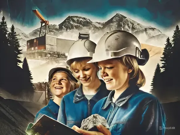 Школьницы в касках изучают полезные ископаемые на фоне Дальнегорского ГОКа, демонстрируя интерес к будущей карьере