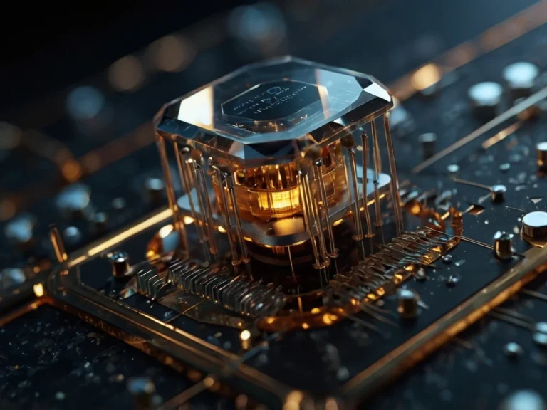 Алмазный транзистор МИРЭА: 3D-модель кристалла и микросхемы на тёмном фоне