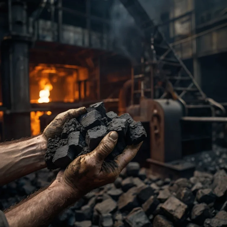 Руки рабочего держат рудоугольные брикеты на фоне раскалённой доменной печи — инновационное решение для снижения выбросов в металлургии