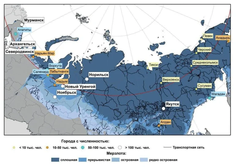 Карта арктических городов России с зонами вечной мерзлоты: сплошной, прерывистой и островной