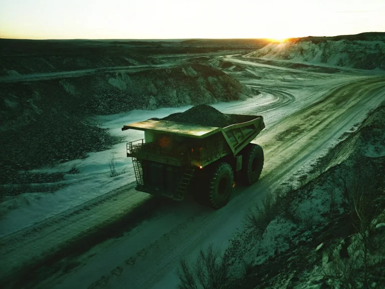 Добыча золота на Чукотке: самосвез везет руду в закатных лучах. Инвестиции в месторождения