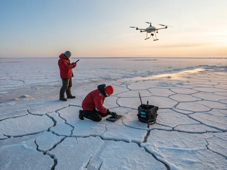 Ученые в Арктике проводят мониторинг вечной мерзлоты с помощью дрона и датчиков, фиксируя изменения температуры для адаптации инфраструктуры к климатическим изменениям