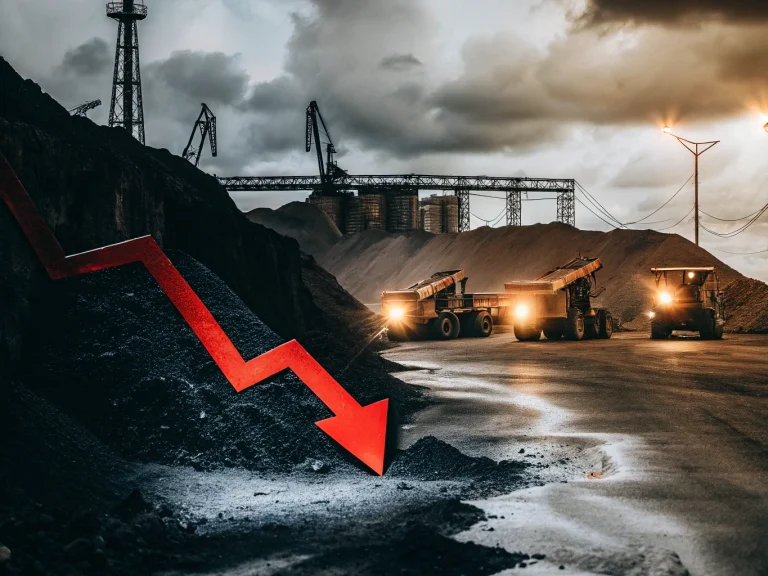 Угольный разрез с карьерной техникой на фоне темного неба и стрелкой, указывающей на падение, символизирующей рекордные разрушения угольной отрасли России в 2025 году