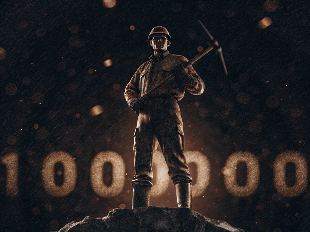 Главный геолог с киркой на фоне числа 1 000 000 — вакансия в золотодобывающей компании АО «Прииск Усть-Кара» с зарплатой до 1 млн рублей в месяц