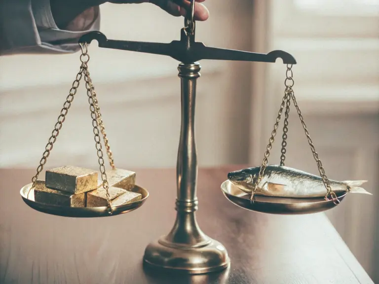 Экологические последствия добычи золота — весы правосудия сравнивают прибыль и уничтожение природы.