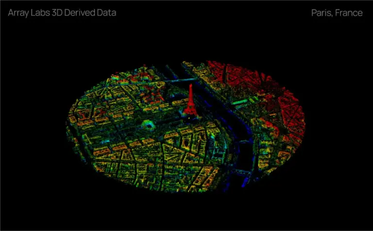 3D-модель Парижа, созданная на основе спутниковых данных Array Labs и Maxar для высокоточной цифровой картографии Земли.