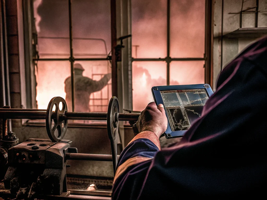 Цифровизация ремонта: инженер работает с ИИ-аналитикой в цеху