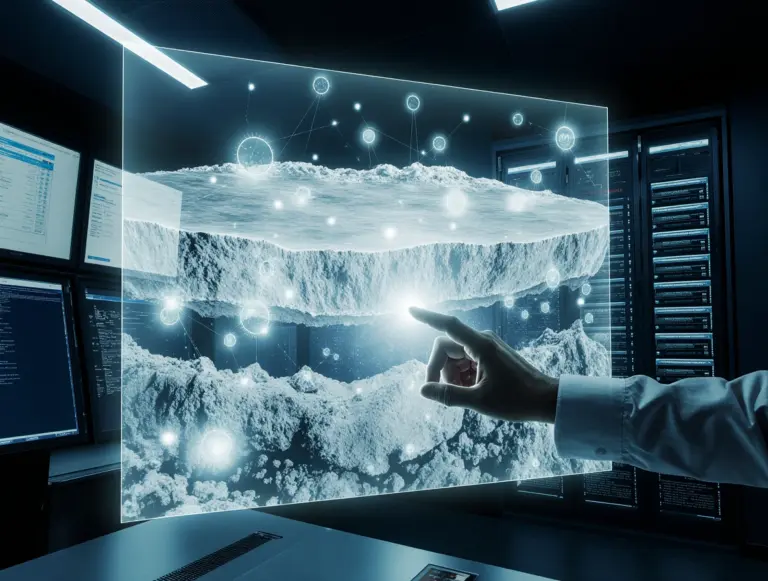 Искусственный интеллект АЛРОСА анализирует геологические данные на голографическом интерфейсе для поиска алмазов.