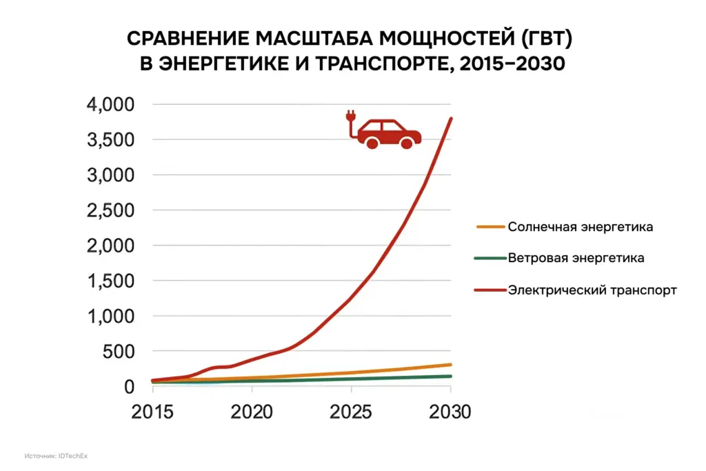 Рост мировых мощностей солнечной и ветровой энергетики и электрического транспорта, 2015–2030 годы