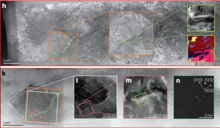 Микроструктура оливина с дислокациями под электронным микроскопом
