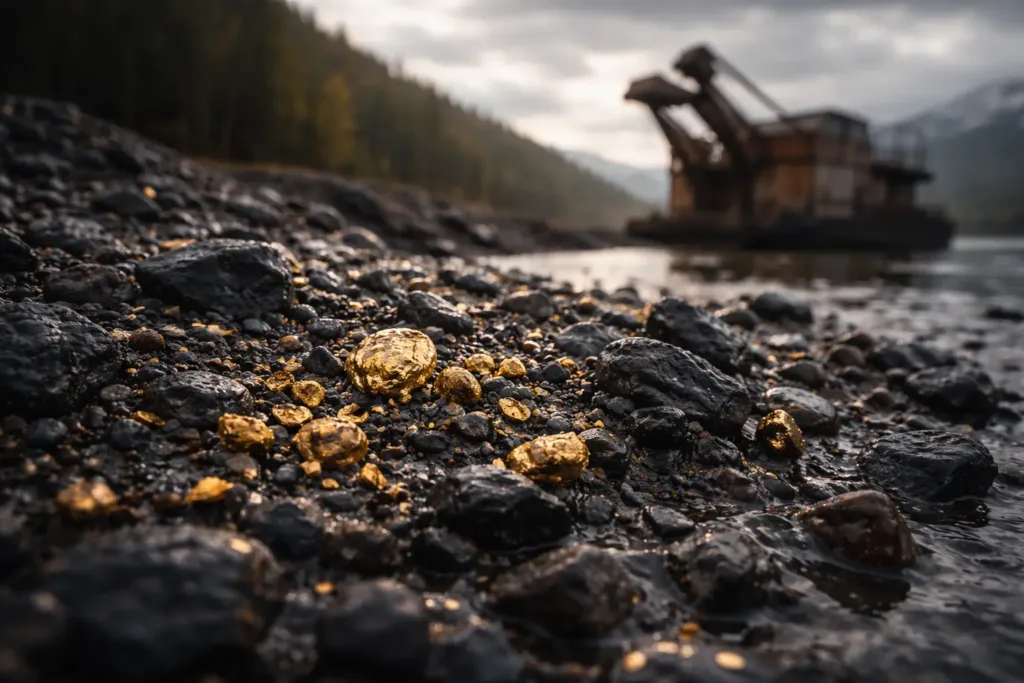 Работа драги на техногенной россыпи золота в Магаданской области