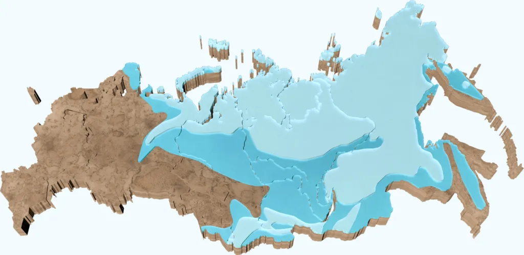 Типы вечной мерзлоты: тёмным цветом отмечена островная и прерывистая, светлым — сплошная