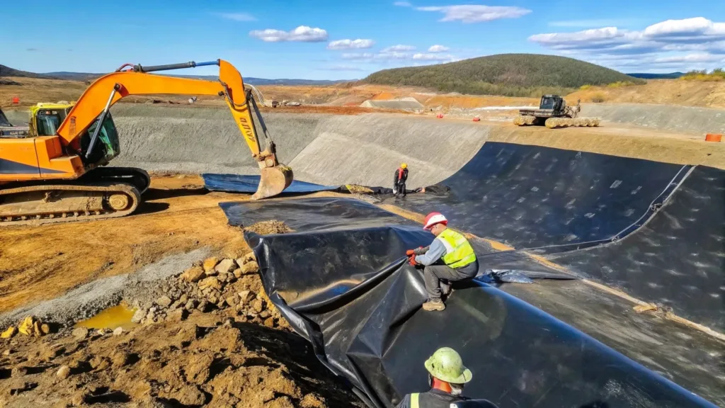 Geomembrane liner system with drainage infrastructure at a tailings storage facility.
