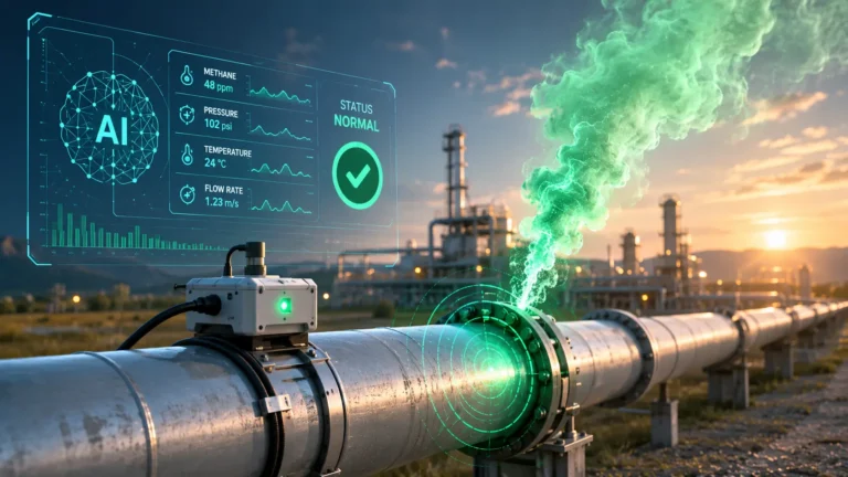 Indian MethaneGuard AI system detects and classifies methane leaks in gas pipelines using a random forest machine-learning model.