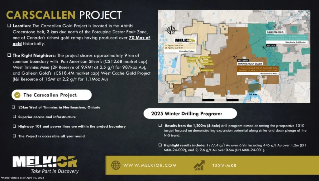 Slide 1: Carscallen Project, Melkior Resources: location, neighbouring mines and the 2025 winter drilling program