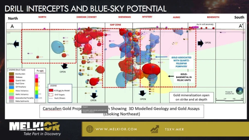 Slide 3: Drill intercepts and blue-sky potential: 3D modelled geology and gold assays, Carscallen Gold Project