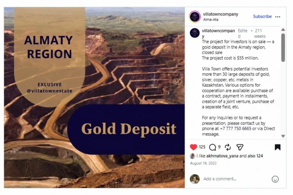 Instagram post advertising a gold deposit for sale in Almaty Region, Kazakhstan, project cost USD 55 million